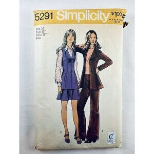 Vtg 70s Simplicity 5291 Sz 14 Vest Jacket Mini Skirt Bell Bottoms Hiphugger Pant